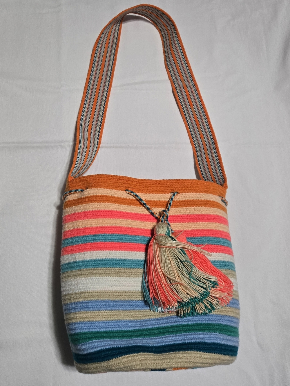 Wayuu Mochila Colombian Multicolor Floral Striped Hand Woven Bucket Bag